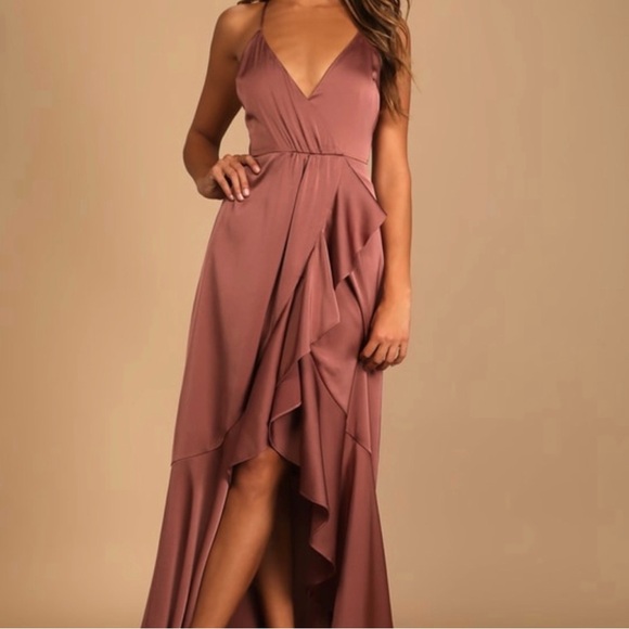 Lulu’s Mauve Satin Ruffle High-Low Dress - Picture 2 of 4